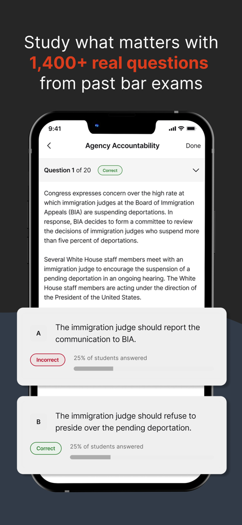 Quimbee app showing a practice question from past bar exams with correct and incorrect answer feedback.