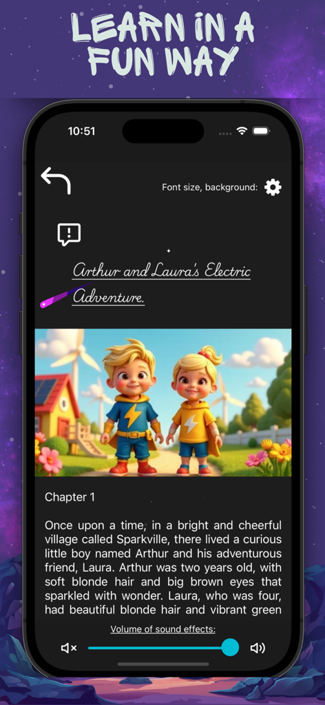 Bedtime AI Story Creator. - RocketTales app showing an interactive bedtime story with AI illustrations and sound effect controls.