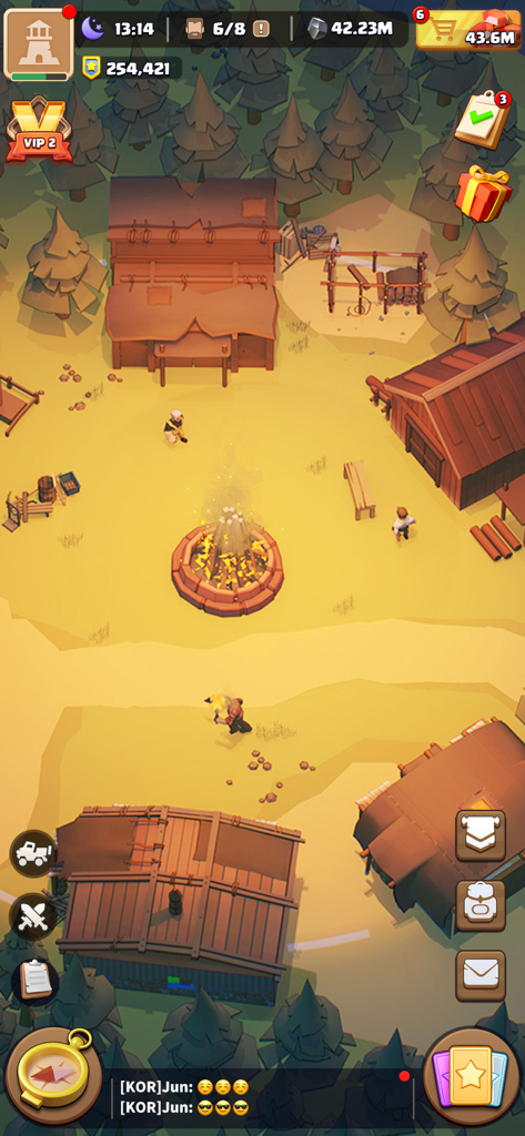 A top-down view of a survivor base in the forest featuring wooden buildings and a central campfire.