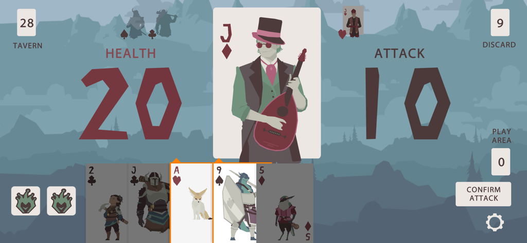 Regicide Companion - Digital interface of Regicide Companion app showing a card battle with health and attack stats.