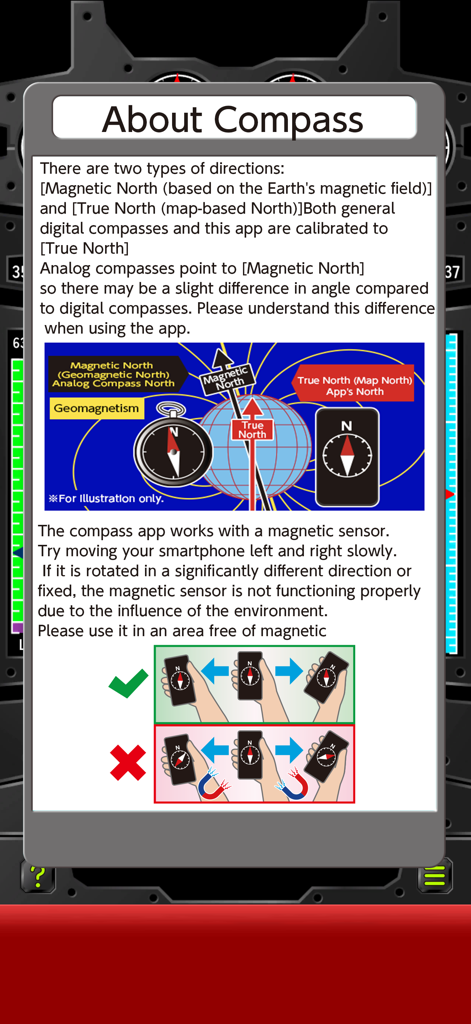 Pantalla informativa que explica la diferencia entre el Norte Magnético y el Norte Verdadero con consejos de solución de problemas del sensor magnético.
