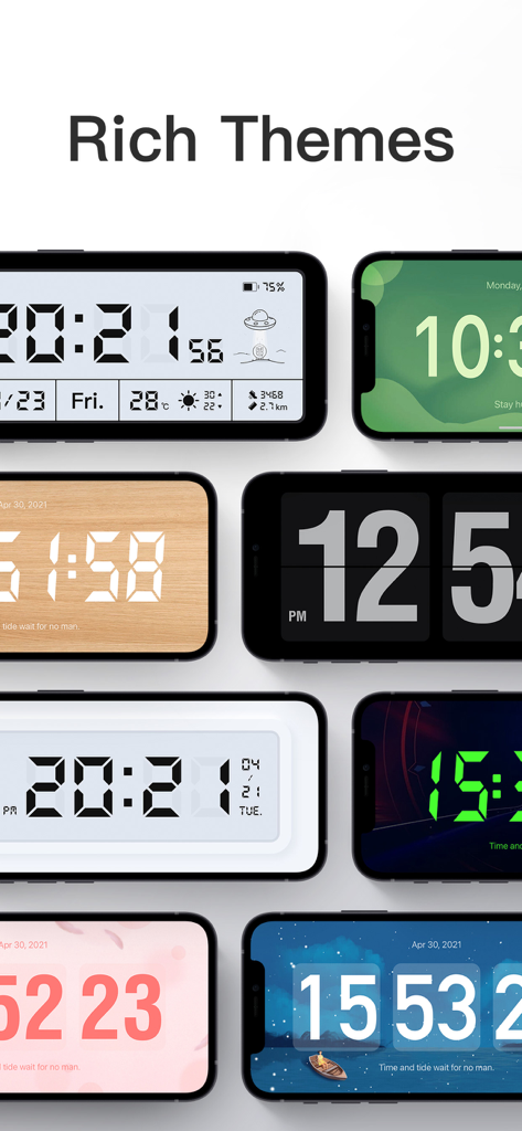 A collection of various aesthetic digital and flip clock themes for the DClock app displayed on several smartphone screens.