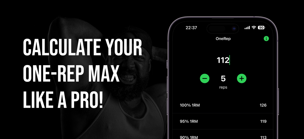 Simple One-Rep-Max Calculator - シンプルな1RM計算機アプリのインターフェース。重量とレップの入力と、計算された1RMパーセンテージが表示されている。