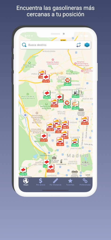 Map view of Gasolineras España app showing fuel prices and gas station locations in Madrid