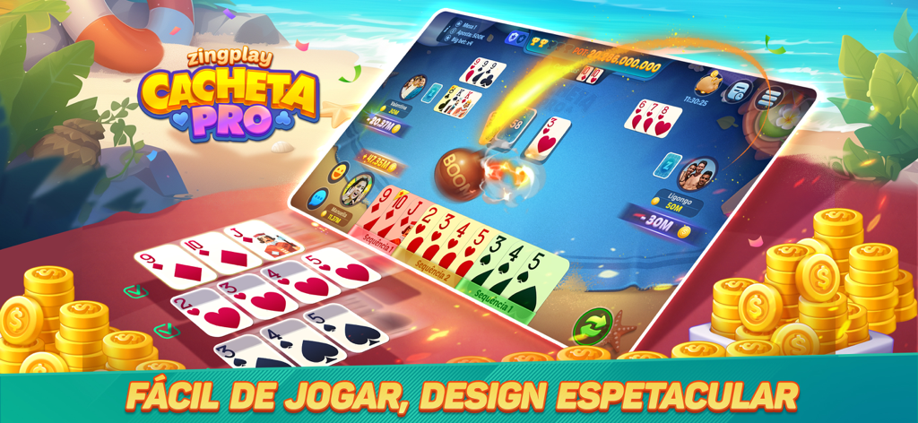 Cacheta ZingPlay – Pife Online - Gameplay of Cacheta ZingPlay mobile card game showing card hands and gold coins on a beach background