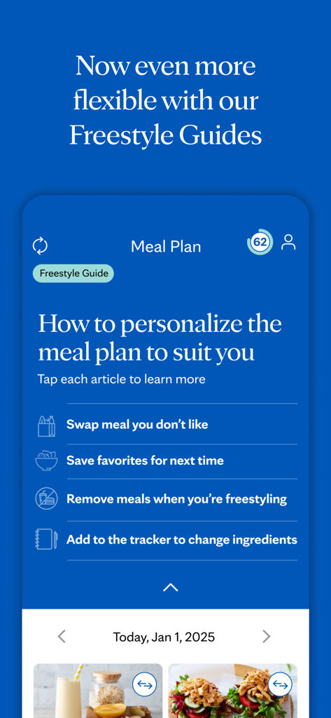 Interfaccia dell'app Dieta Mayo Clinic che mostra opzioni per personalizzare i piani alimentari con guide freestyle.