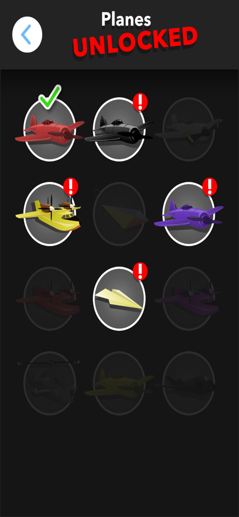 Aircraft selection screen showing various unlocked planes and skins in the Go Plane mobile game
