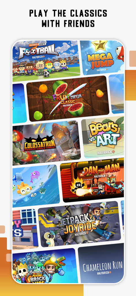 Halfbrick+ Games with Friends - A collage showing various mobile games like Fruit Ninja and Jetpack Joyride available in the Halfbrick Plus catalog