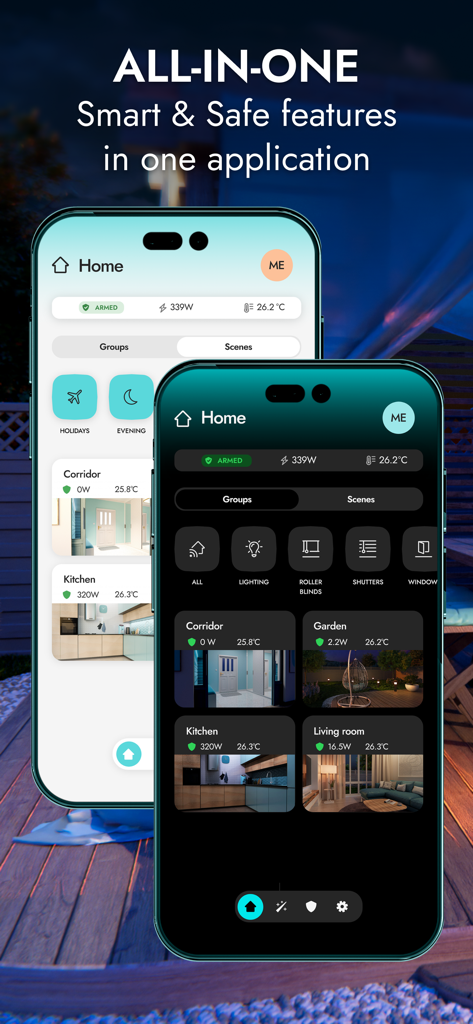 BE WAVE - BE WAVE app interface on two smartphones showing light and dark modes of the smart home dashboard with security and automation controls.