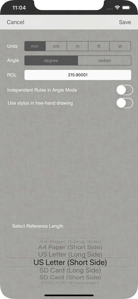 Partometer - camera measure - Settings screen in Partometer app for selecting measurement units and reference objects like US Letter paper.