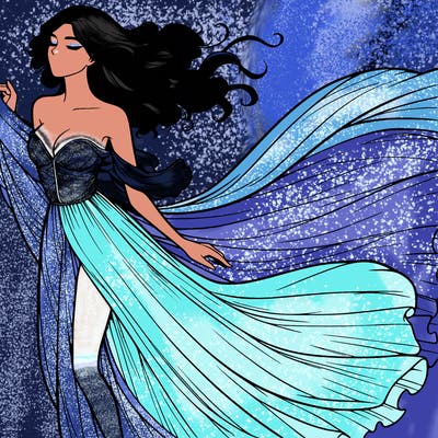 realistic woman in dress flowing the the wind