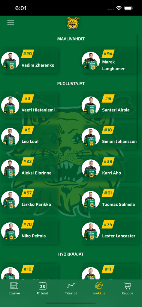 Tampereen Ilves - Aplicativo móvel Tampereen Ilves exibindo a lista do time de hóquei no gelo por posição do jogador