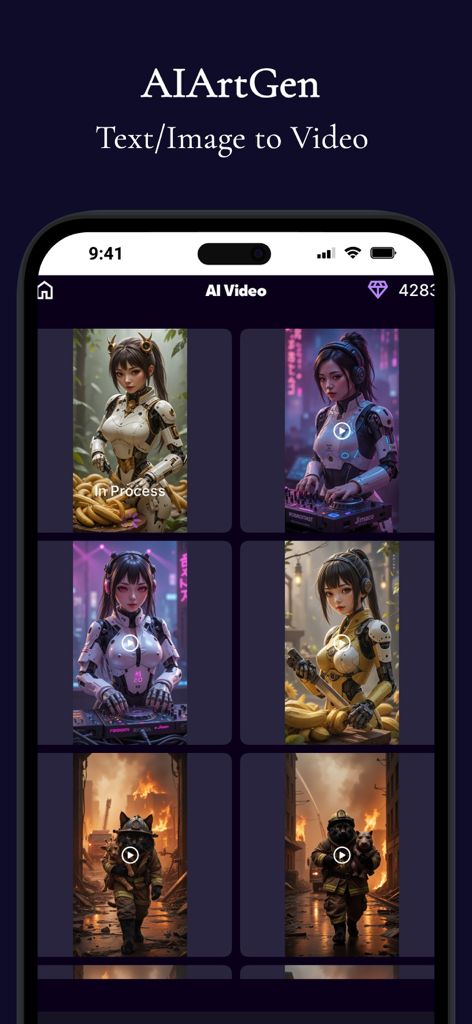 AIArtGen mobile app interface displaying a gallery of AI generated video thumbnails including anime characters and a cat firefighter