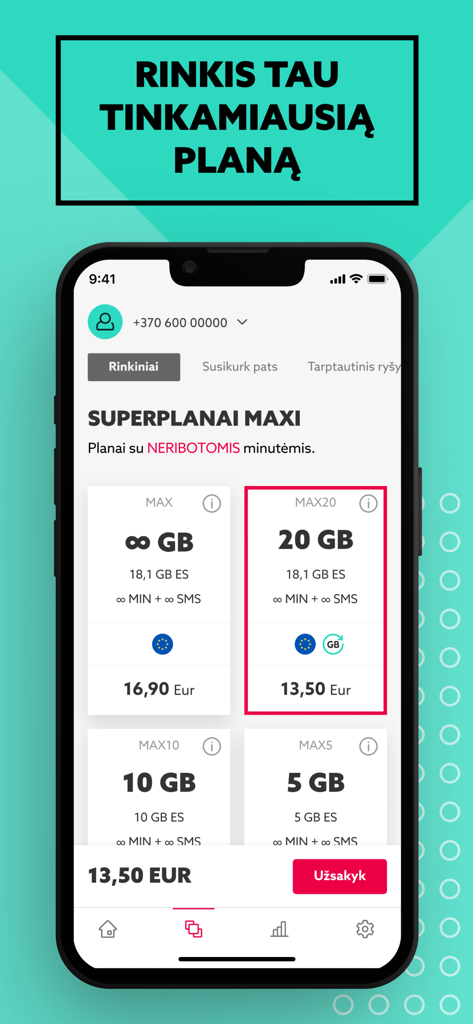 Mano EŽYS - Mano EŽYS app screen showing various prepaid mobile data and calling plans