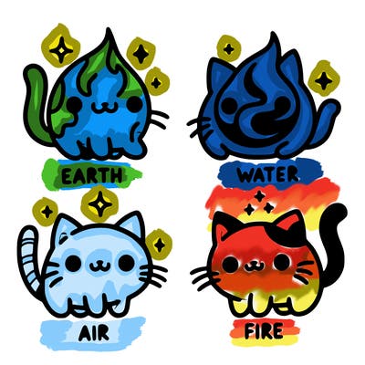 4 cats that represent the different elements, earth, water, air, and fire