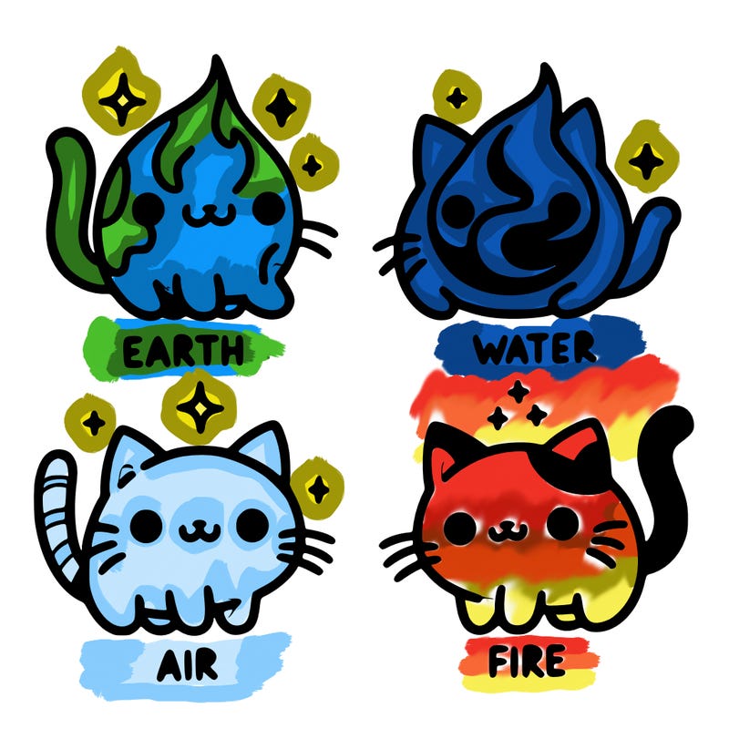 4 cats that represent the different elements, earth, water, air, and fire