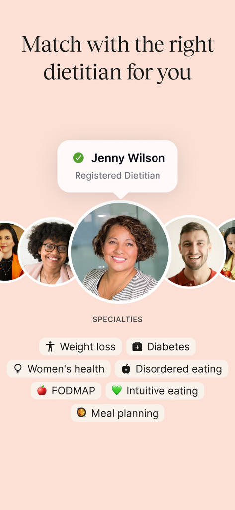 Nourish: Eating Well Made Easy - Schermata dell'app mobile che mostra profili di Dietologi Registrati e un elenco di specializzazioni tra cui perdita di peso, diabete e salute delle donne.