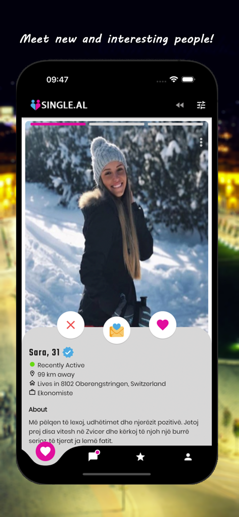 Vista del profilo utente sull'app di incontri albanese Single.al con biografia e foto dell'utente verificato