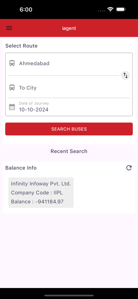 i Agent Infinity - i Agent Infinity mobile app interface for searching bus routes and viewing agent balance info