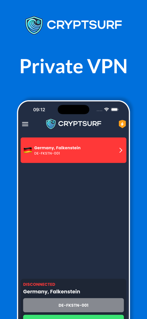 CryptSurf app interface showing a private VPN server selection in Germany