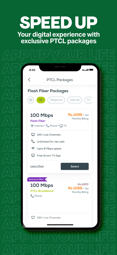 UPTCL- App Up Your Life! - UPTCL app screen displaying PTCL Flash Fiber internet packages and monthly pricing