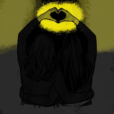 two friends with their backs turned and their hands in a heart realistic