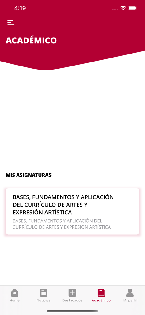 UCLM U. de Castilla-La Mancha - UCLM app screen showing academic subjects and navigation menu