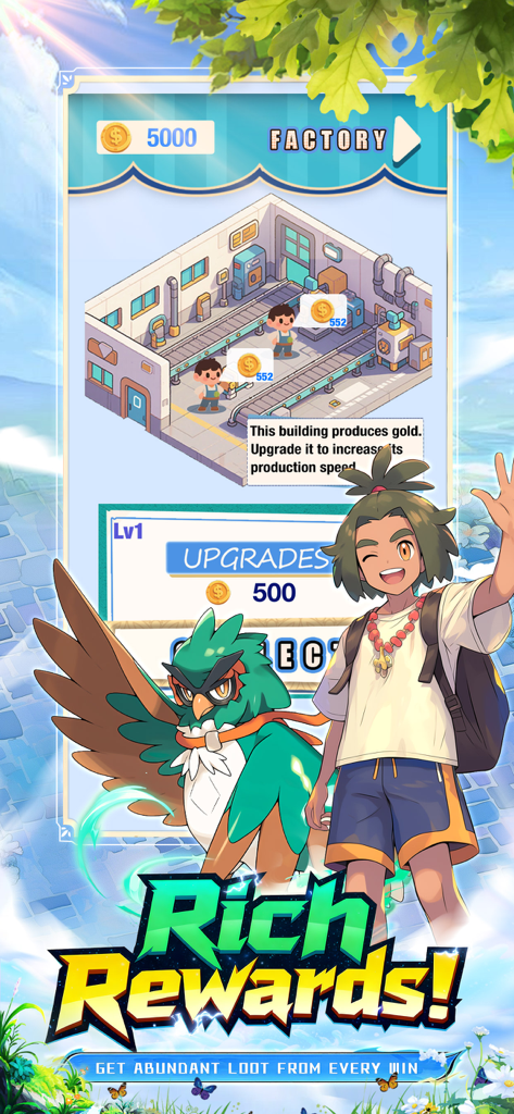 MegaPets Converge reward screen showing a gold producing factory with a trainer and owl pet