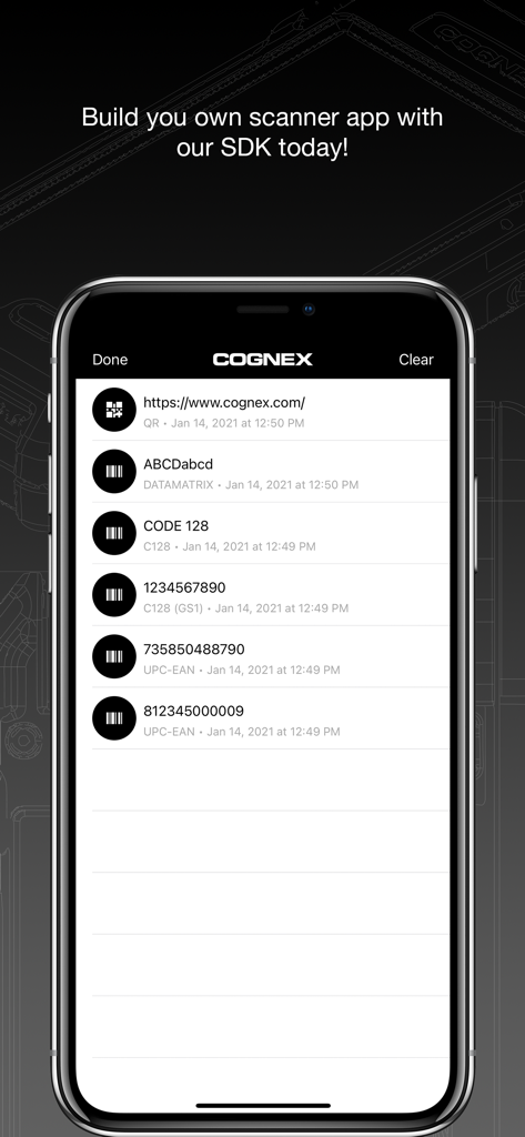 Barcode Scanners - Interface showing a history list of scanned industrial barcodes and data matrix results in the Cognex app