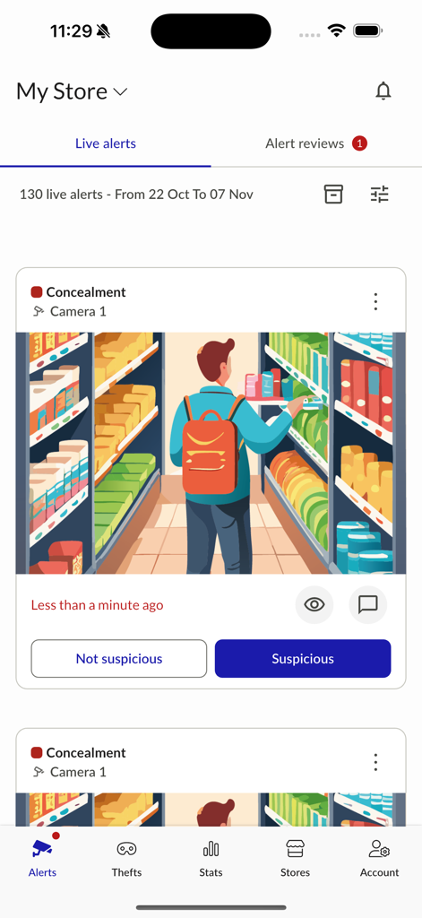 Veesion - Live Store Alert - Aplicativo Veesion mostrando um alerta de loja em tempo real para possível detecção de ocultação.