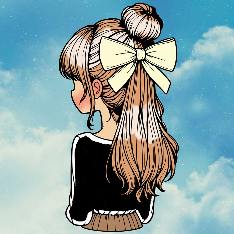 realistic girl  with hip length hair a bun and a big bow on the back of head