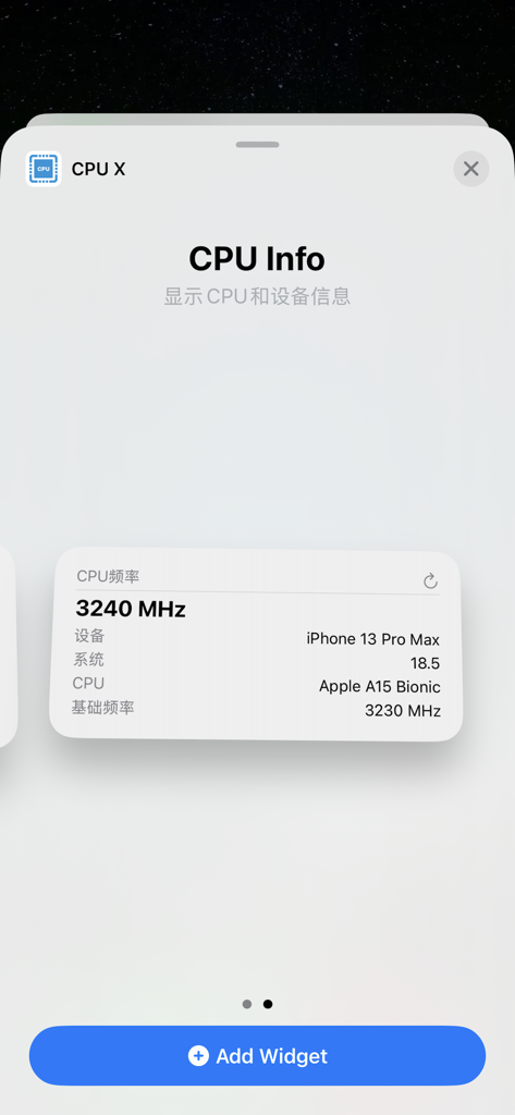 CPU X - CPU X widget displaying CPU frequency and hardware information for an iPhone.