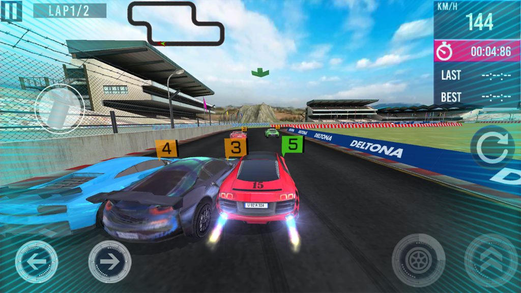 Daytona Beach Racing - Un coche deportivo rojo compitiendo en una pista de estadio con controles de juego arcade.