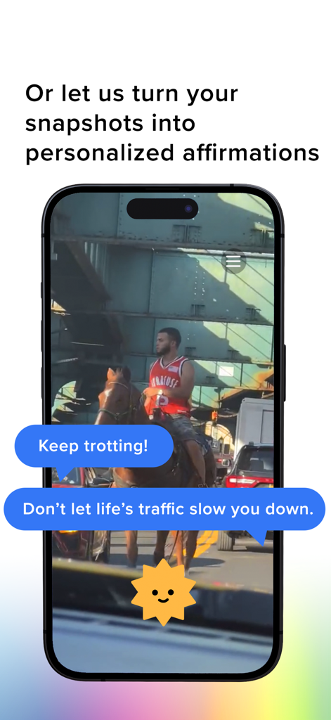 HOPECORE - HOPECOREアプリのインターフェースが、都市のスナップショットの上にパーソナライズされたAIアファメーションを表示しています