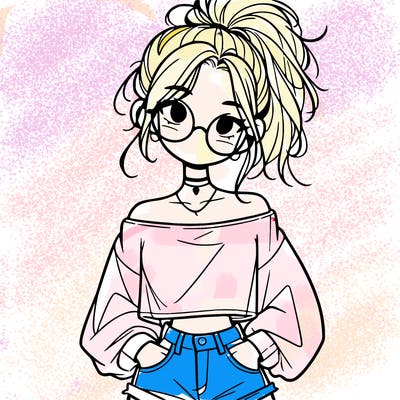 girl with a messy ponytail glasses a baggy crop top and jean shorts