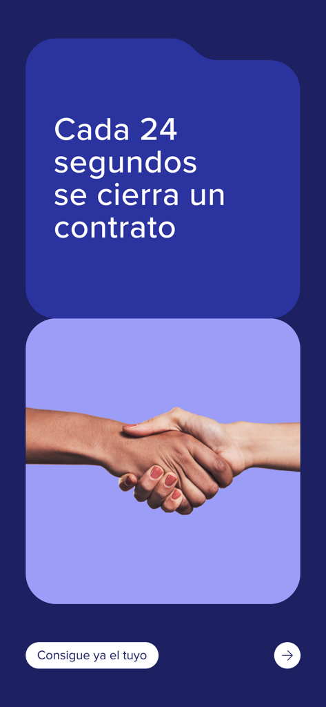 InfoJobs - Trabajo y Empleo - Ecrã InfoJobs mostrando um aperto de mão com texto indicando que um contrato é fechado a cada 24 segundos