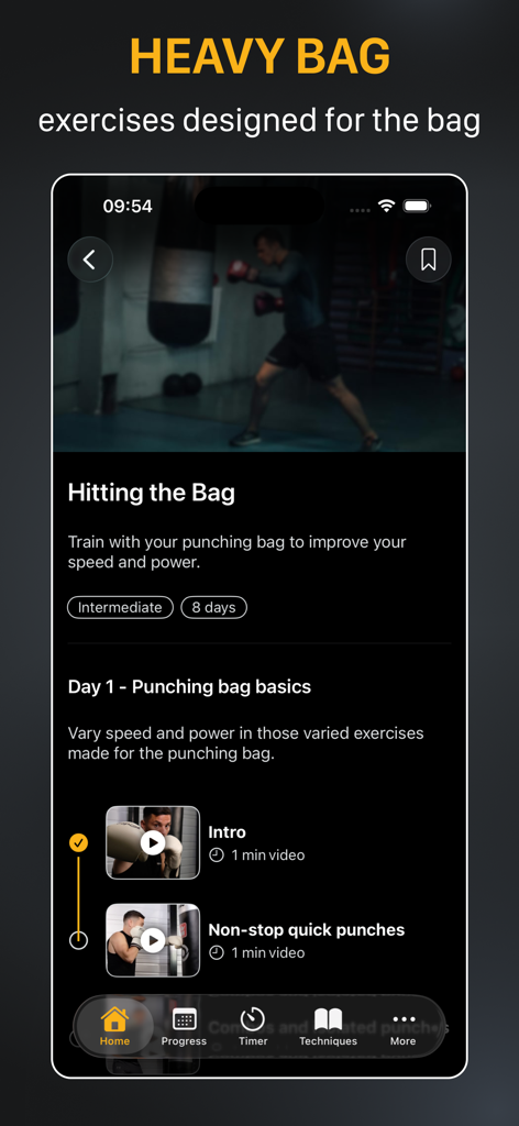 Interface of the Shadow Boxing Workout App displaying a heavy bag training program with video drills.