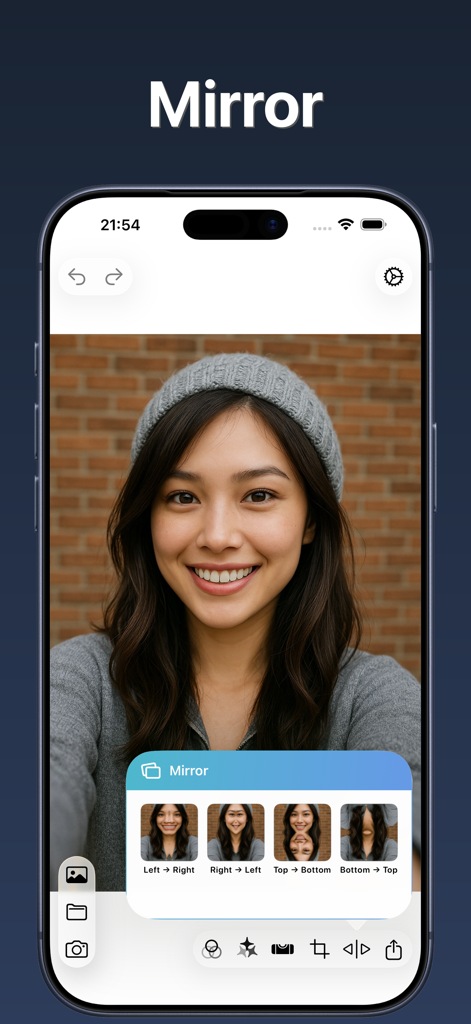 Photo Flipper - selfie mirror - Photo Flipper app interface showcasing mirror and flip options for a selfie