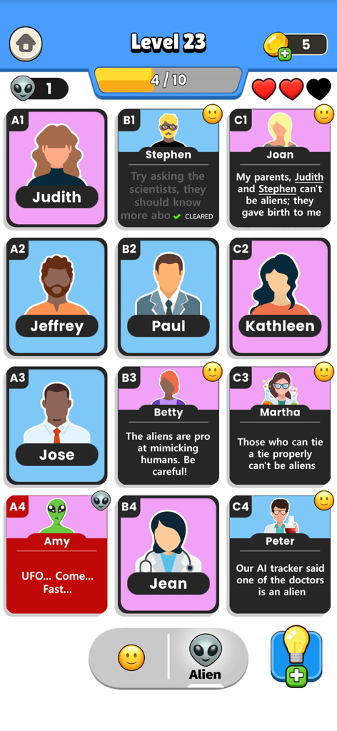 Clue Master - Logic Puzzles - Gameplay screen of Clue Master showing a logic puzzle grid with character cards and clues to identify a hidden alien