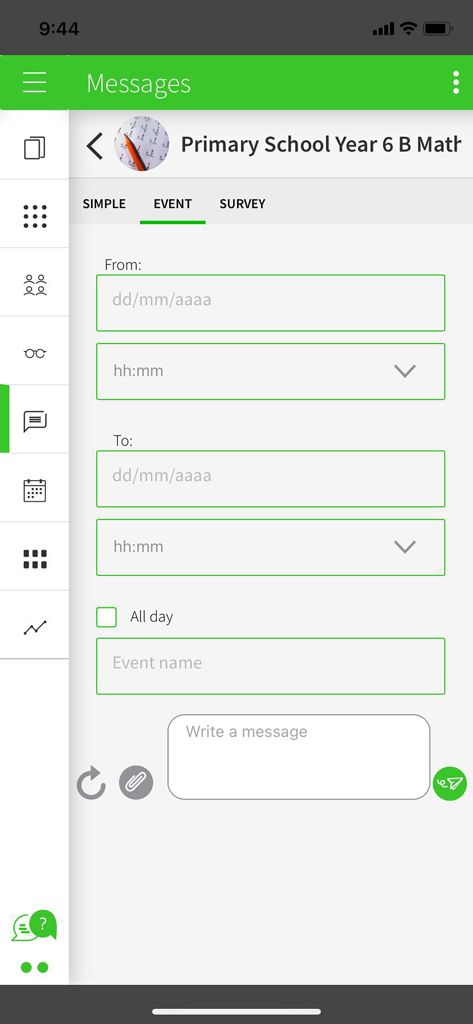 Captura de pantalla de la aplicación Blinklearning que muestra la interfaz para crear un evento y mensaje de clase.