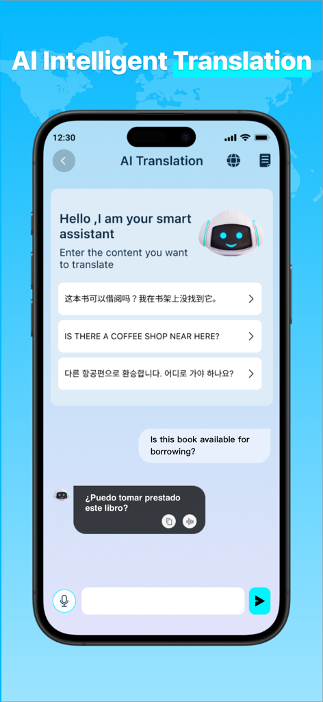 AI Real-time Translator - Smartphone-Oberfläche des KI-Echtzeitübersetzers, die eine mehrsprachige Chat-Konversation zeigt