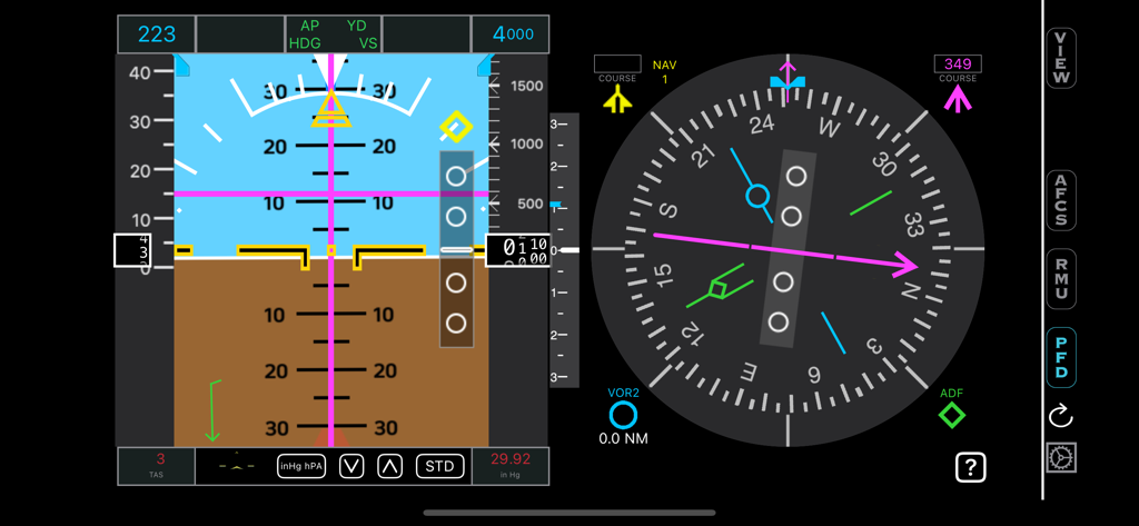 HomeSim - Digital flight instrument interface for HomeSim showing primary flight data and navigation controls