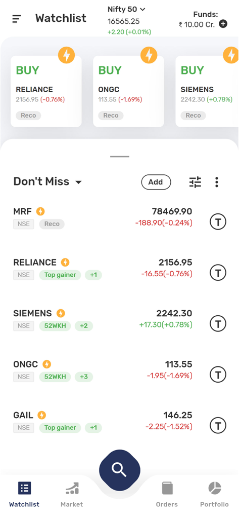 Inventure Growth & Securities - The stock watchlist interface of the Inventure Growth and Securities app displaying market trends and investment picks.