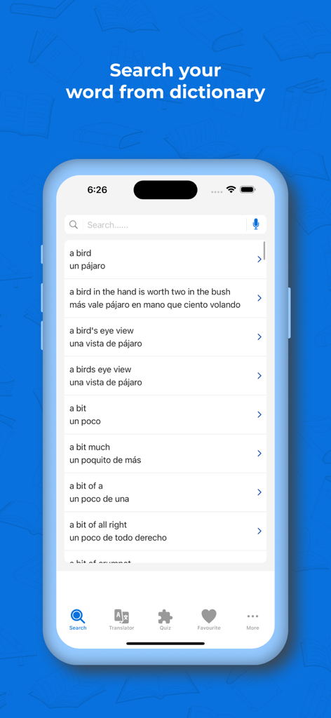 Spanish Dictionary+ Translator - English to Spanish dictionary search results screen showing translations for common phrases