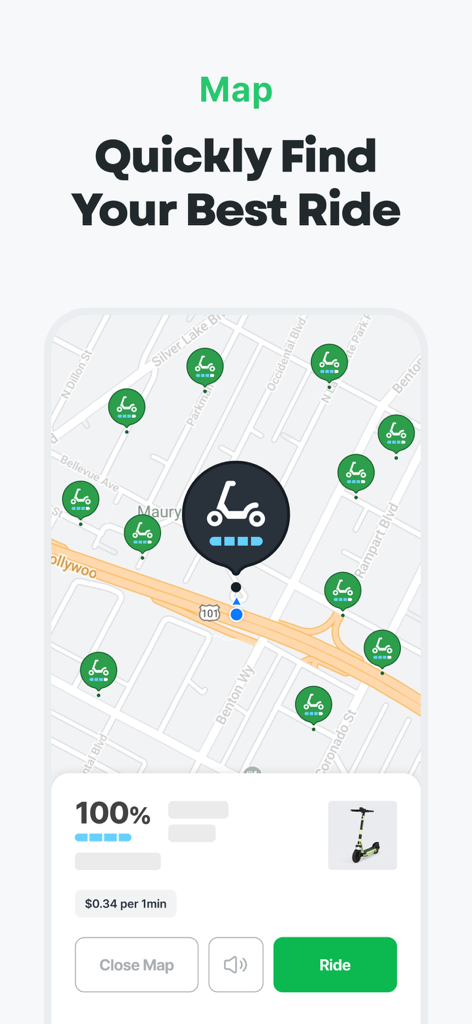 GCOO mobile app screen showing a map with available electric scooters and rental pricing