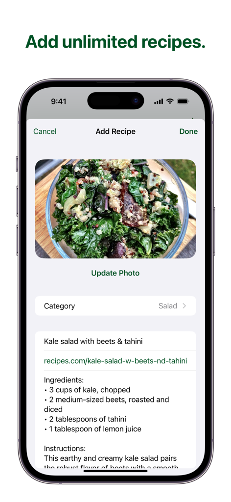 Screenshot della schermata Aggiungi Ricetta dell'app Kale che mostra una ricetta per insalata di cavolo nero con barbabietole e tahini, inclusi ingredienti e istruzioni