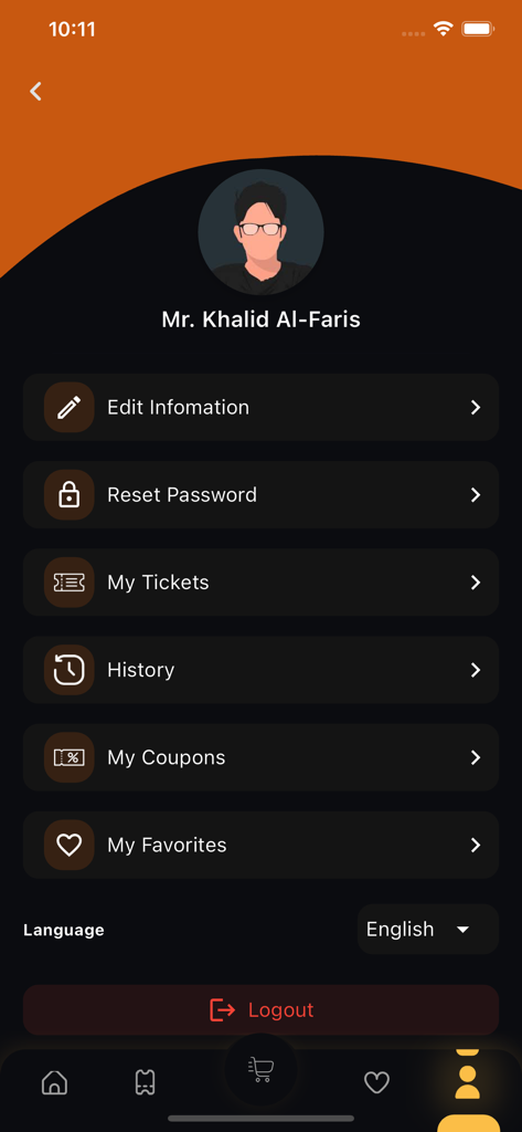 Ticket.ma - Écran de profil de compte utilisateur de l'application mobile Ticket.ma montrant les options pour l'historique des billets et les favoris