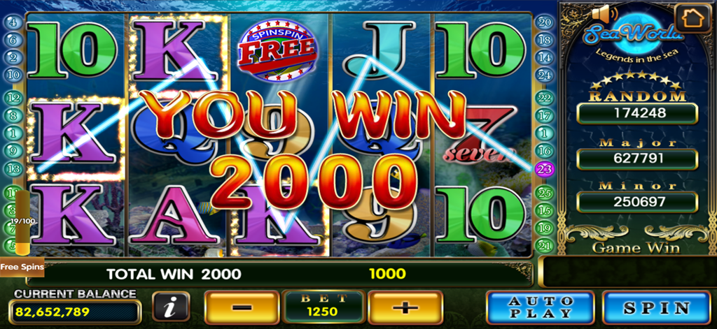 Screenshot di gioco di Lucky Gold Casino che mostra una grande vincita di 2000 sulla slot a tema Sea World.