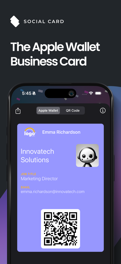 SoCard: Digital Business Card - Interfaz de tarjeta de presentación digital en un iPhone mostrando un código QR y detalles de contacto profesionales