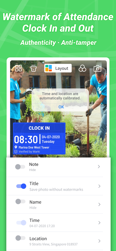 Marki: timestamp & GPS camera - フィールドワーカーの出勤追跡のために、自動GPS位置とタイムウォーターマーク付きの出勤写真を​​表示するMarkiアプリインターフェース